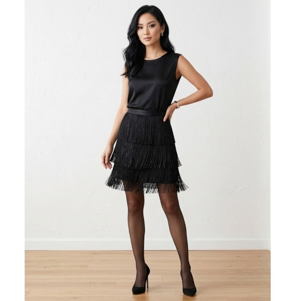 Haute Hippie 100% Silk Fringe Mini Skirt M Black Glam Going Out Tiered Flapper